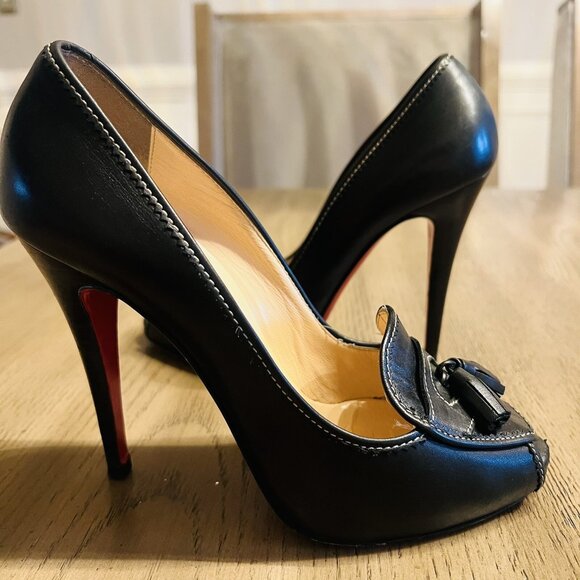Christian Louboutin Alta Campus Heels Black Size 37.5 Peep Toe Red Bottoms - Picture 3 of 14